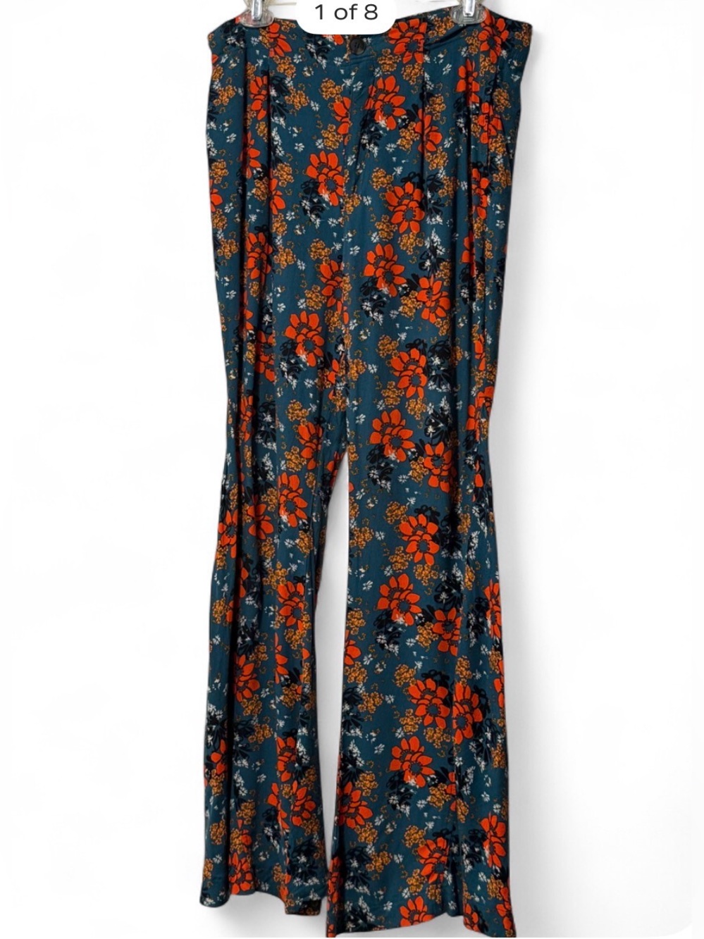 Free People Teal Wide-Leg Pants with Orange Floral Print L